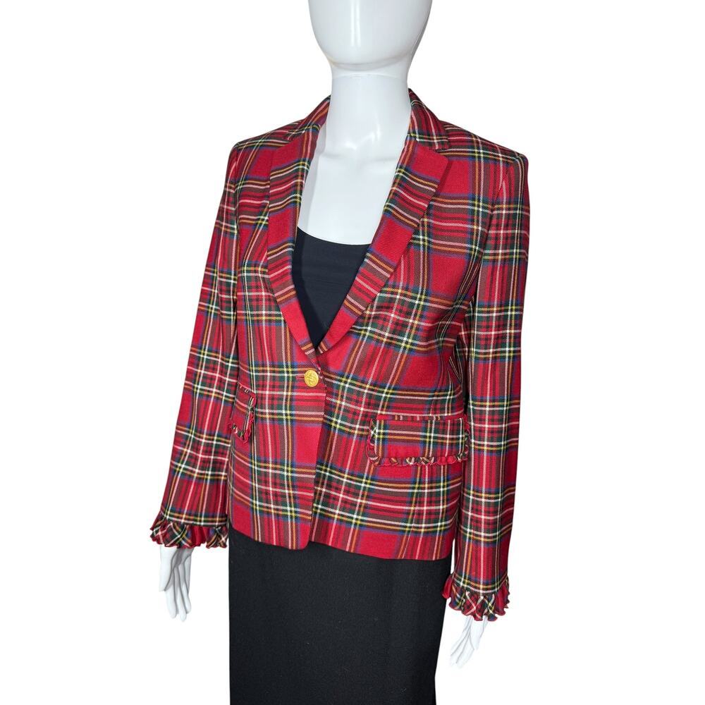 Brooks Brothers Red Plaid Tartan Wool Classic Tailored Ruffle Cuff Blazer Size 4